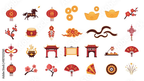 A vibrant collection of traditional Chinese New Year symbols and decorations, including lanterns, gold ingots, firecrackers, and floral elements.