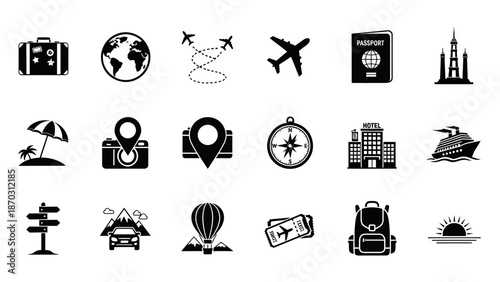 A collection of black and white travel-themed icons representing various aspects of tourism and adventure.