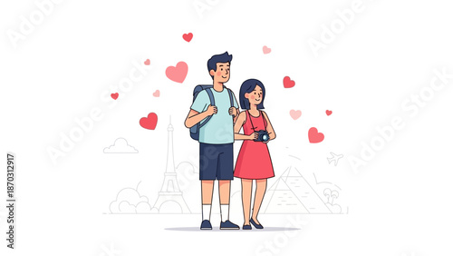 Happy couple traveling with backpacks in romantic Paris illustration