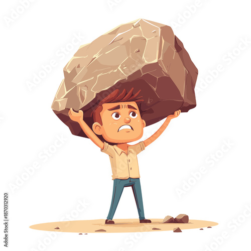 Cartoon character holding huge stone on shoulders