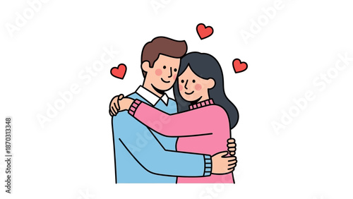 Happy couple embracing with hearts in a cute cartoon style