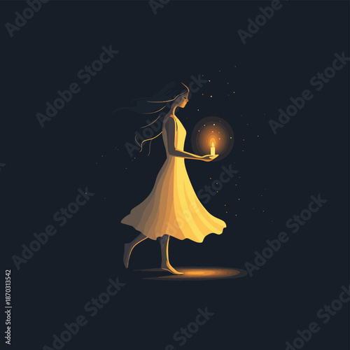 Cute woman holding candlestick handle lights up darkness