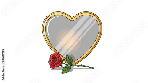 Heart-shaped mirror with red rose on white background