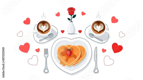 Romantic breakfast setting with heart-shaped pancakes and cappuccinos