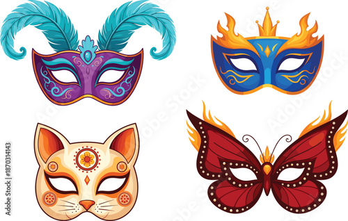Carnival Mask Vector Set with Venetian, Butterfly, Fire, and Cat Face Masquerade Masks for Festival, Party, and Costume Design Illustrations