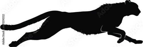 Black cheetah silhouette running fast isolated on white background, predatory wild cat sprinting in motion for sport and wildlife design