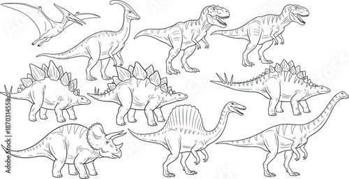 Detailed black and white line art collection of various dinosaur species, isolated vector set for educational coloring books and paleontology,