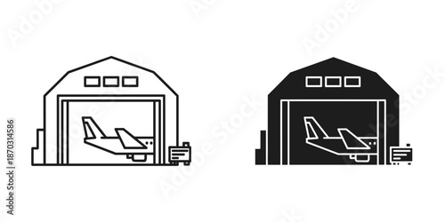 Foto Two Hangars with Airplanes Inside Black and White Line