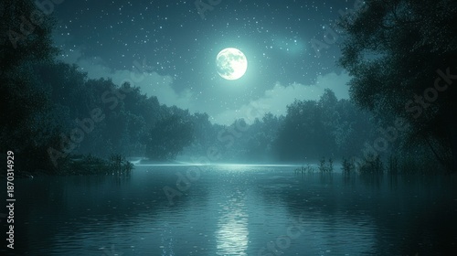 Misty lake, full moon, starry night