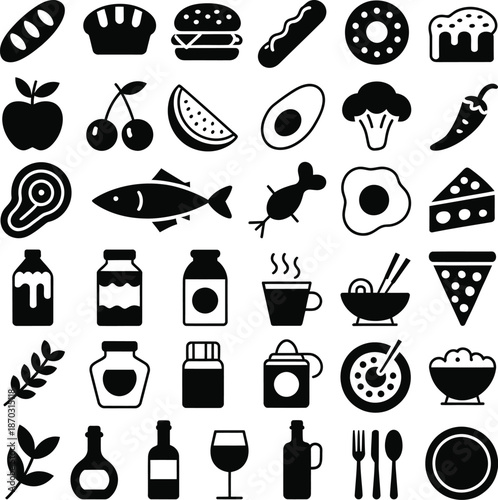 A collection of food and drink icons in black and white showing a variety of different items
