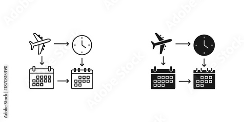Airplane and clock with calendar diagrams black and white