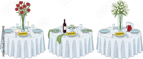 Reserved Restaurant Table Vector Set with Elegant Dining Tables, Floral Centerpieces, Tableware, and Reserved Signs for Events and Hospitality Illustrations