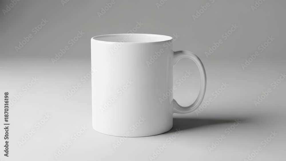 Obraz premium A plain white ceramic coffee mug with a handle, casting a subtle shadow on a light background, ready for customization or use.