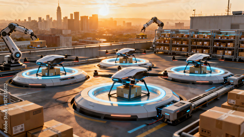 都市の屋上にある自動ドローン配送ハブの風景