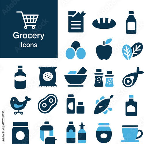 A collection of grocery icons featuring food items and shopping related symbols in a dark and light blue color