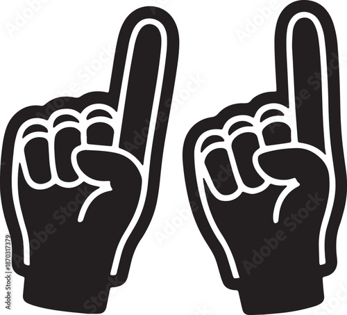 Pair of black foam finger icons pointing up on transparent background for sports cheering