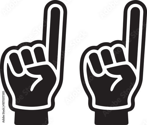Pair of black foam finger icons pointing up on transparent background for sports cheering