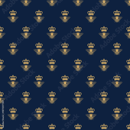 Luxury seamless pattern. Gold royal bees and crowns on black background. Elegant imperial bee textile and wallpaper design.