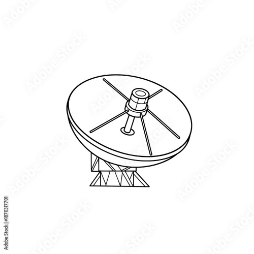 Satellite dish receiver with supporting struts, vector outline on blank backdrop