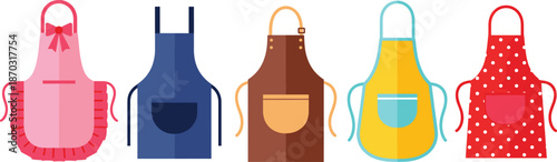 Kitchen Apron Vector Set with Colorful Cooking and Baking Aprons for Home Chefs, Restaurants, Cafes, and Culinary Design Illustrations