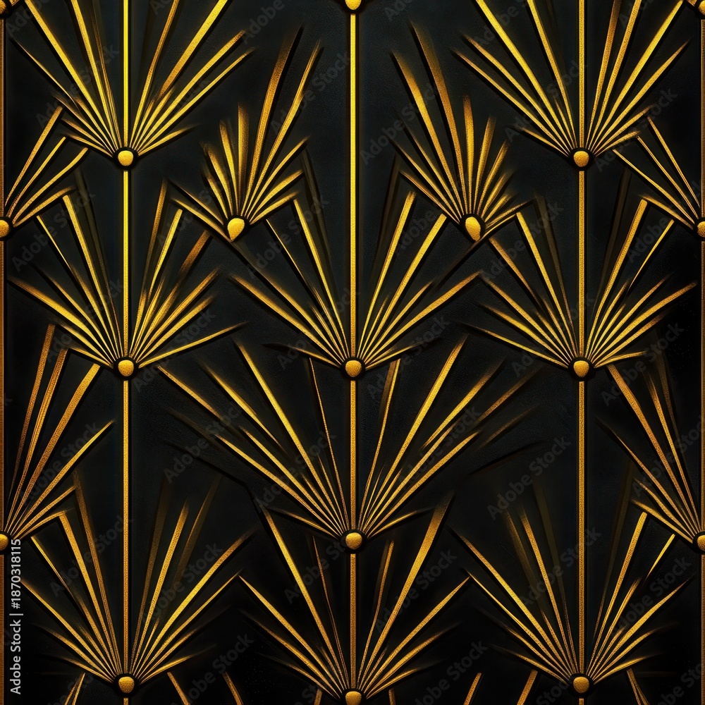 Obraz premium Repeated golden fan motifs with radiating spikes and small circular nodes on a dark textured background, luxurious and elegant
