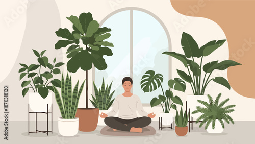 Man meditating peacefully surrounded by lush green houseplants.
