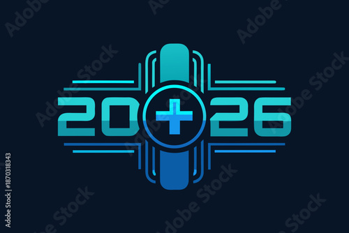Futuristic 2026 with a plus sign in the center on a black background blue