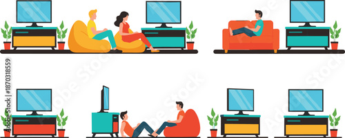 Living Room People Watching Television Vector Set with Couples and Individuals Relaxing on Sofa for Home Interior Illustrations