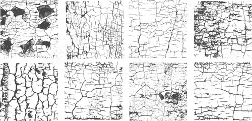 Cracked surface texture set with dry soil, peeling paint, and aged wall patterns. Detailed fracture lines and distressed cracks isolated on white backgrounds. Ideal for grunge design, vintage effects,