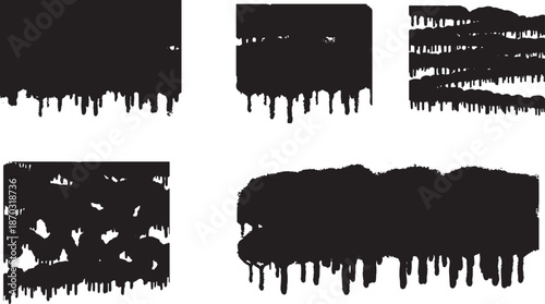 Black dripping paint border set with grunge ink edges and liquid drips. Rough horizontal frames and stains create a messy urban street art style. Ideal for grunge design, banners, posters, and edgy 