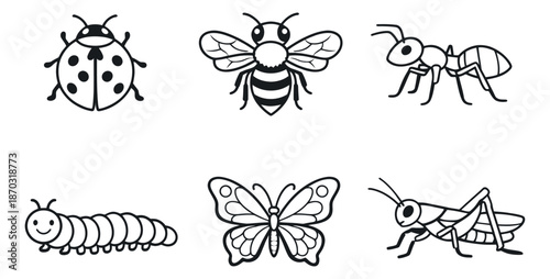 Hand drawn line art insect set featuring a ladybug, bee, ant, caterpillar, butterfly, and grasshopper for children's education