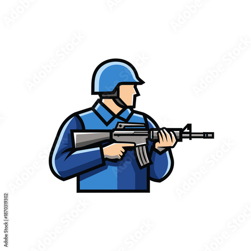 Soldier in Blue Uniform and Helmet Holding Assault Rifle, Military Icon