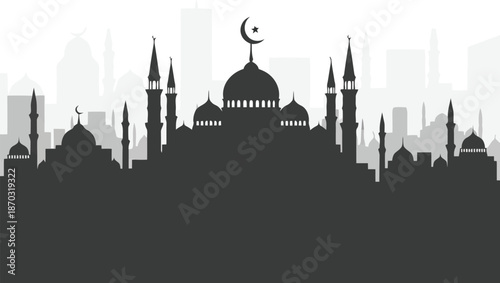 Elegant silhouette of an islamic cityscape with mosques, minarets, and traditional architecture