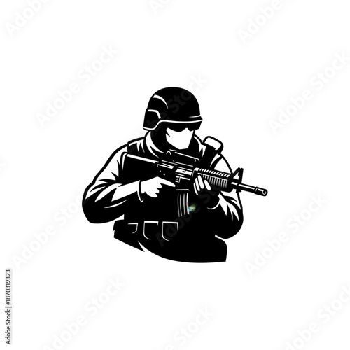 Modern Soldier Silhouette with Assault Rifle, Tactical Gear, Military Combat