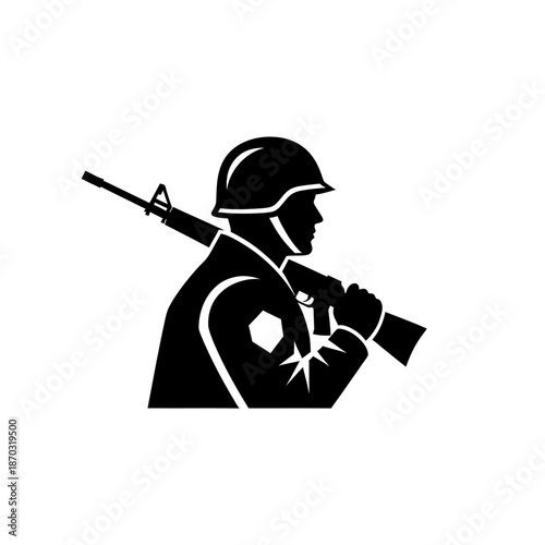 Silhouette Soldier Carrying Rifle on Shoulder, Military Icon, Vector Art