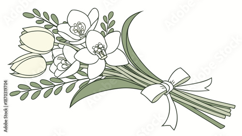 Elegant White Orchid and Tulip Bouquet Vector Illustration