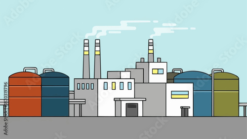 Industrial factory with smokestacks and storage tanks illustration.