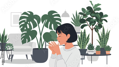 Woman enjoying a warm drink in a cozy indoor setting.