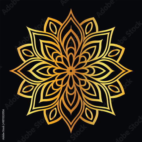 Golden mandala design on blak background