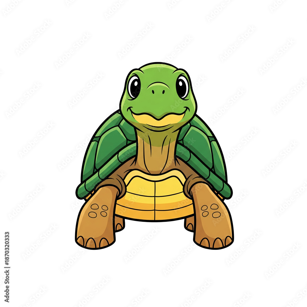 Fototapeta premium Cute cartoon turtle with green shell and yellow belly on black background tortoise animal