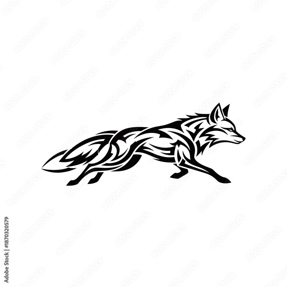 Obraz premium A stylized tribal tattoo design of a running fox with intricate patterns and sharp lines.