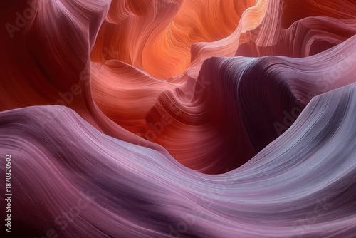 Sunlit narrow sandstone slot canyon with smooth layered waves and curving striations in warm orange and purple hues, serene glowing light and sculpted rock textures
