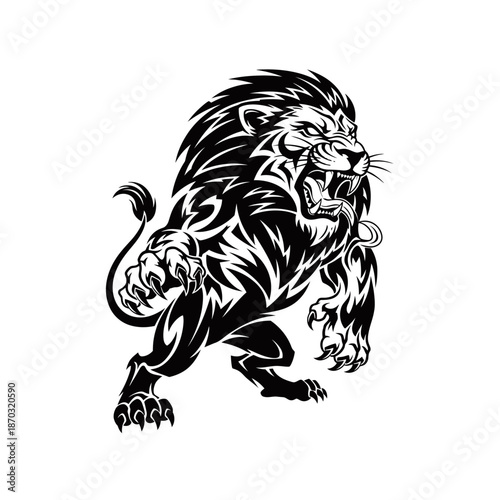 A fierce black and white tribal tattoo design of a roaring lion with its mouth open and claws extended.