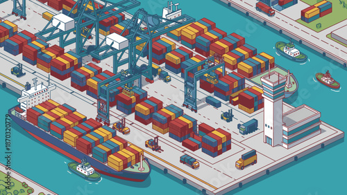 Cargo ship unloading containers at busy commercial port