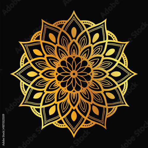 Golden mandala design on blak background