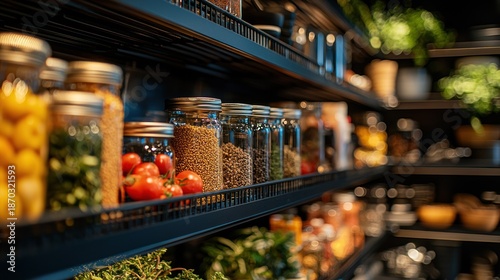 Organized pantry shelves filled with various dry and fresh goods