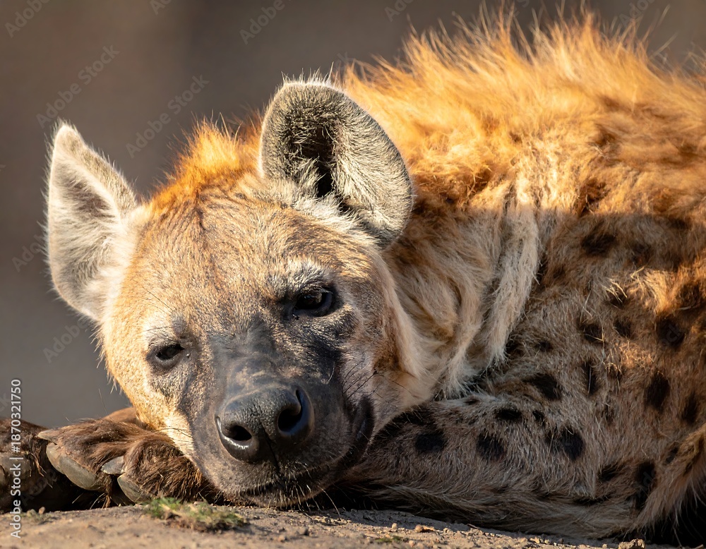 Obraz premium Close-up of a resting spotted scavenger animal