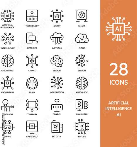 A collection of artificial intelligence related icons with a clean and modern design style set on orange