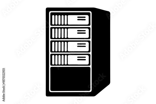 A simple black and white icon representing a computer server rack with multiple storage units or drives, ideal for technology and data storage concepts