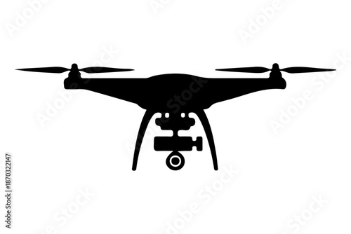 Silhouette of a modern flying drone with camera mounted below, perfect for tech and innovation concepts